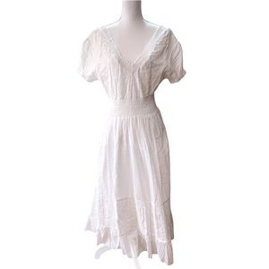 WHITE COTTON PRAIRIE FLORAL EMBROIDERY MAXI DRESS NWT PUFF SLEEVES TIERED